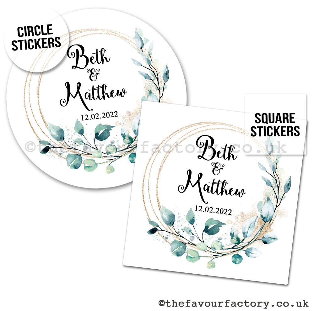 Personalised Wedding Stickers | Light Gold Sparkle Botanical Frame - A4 She