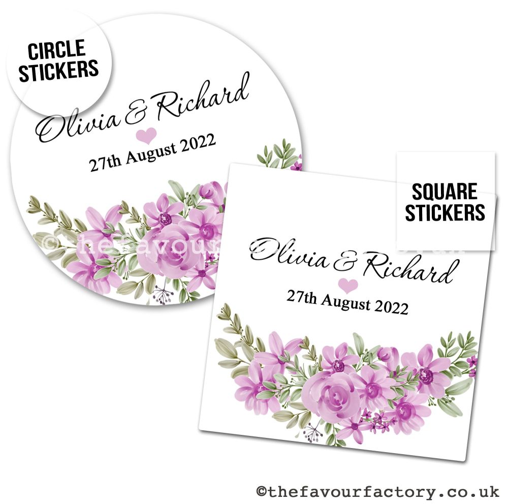 Personalised Stickers Wedding Lilac & Violet Floral Bouquet