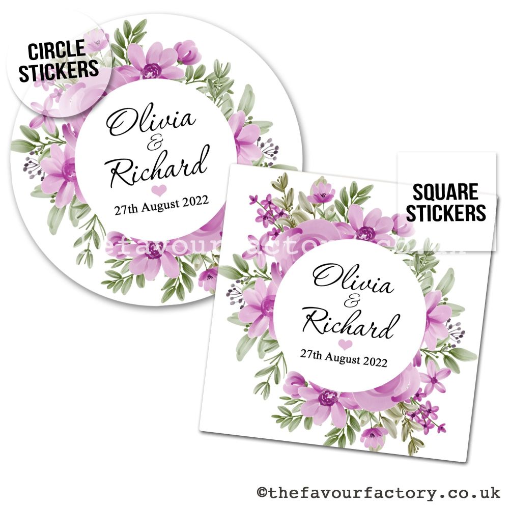 Personalised Stickers Wedding Lilac & Violet Floral Wreath