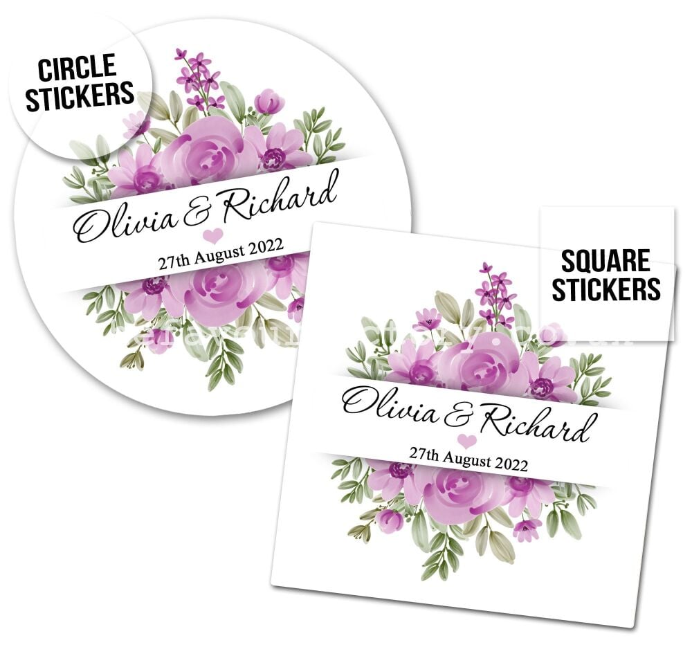 Lilac & Violet Floral Bouquet Borders Personalised Wedding Stickers