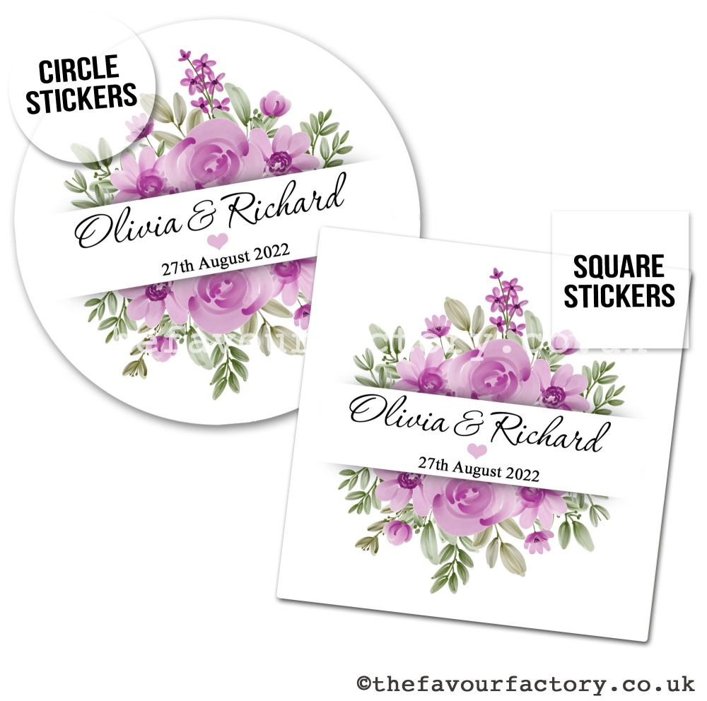 Personalised Stickers Wedding Lilac & Violet Floral Bouquet Banner