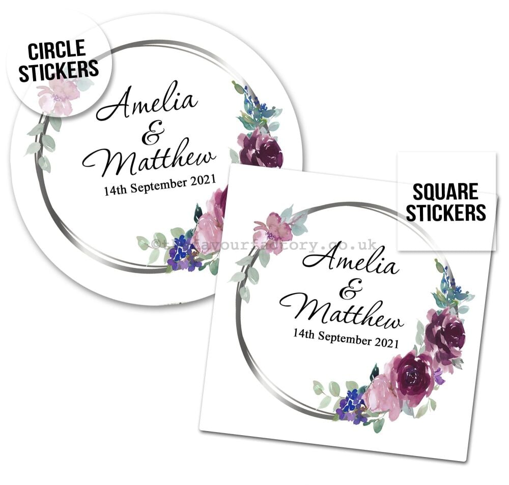 Mauve & Plum Watercolour Floral Personalised Wedding Stickers