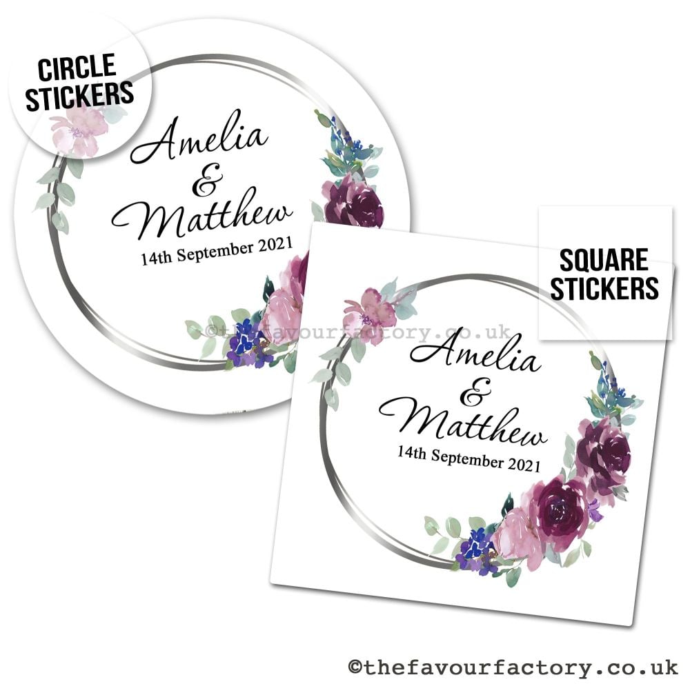 Personalised Wedding Stickers | Mauve & Plum Watercolour Floral - A4 Sheet 