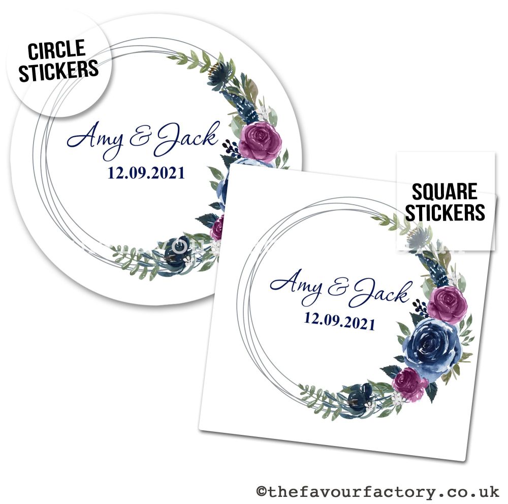 Personalised Stickers Wedding Navy & Aubergine Floral Silver Frame