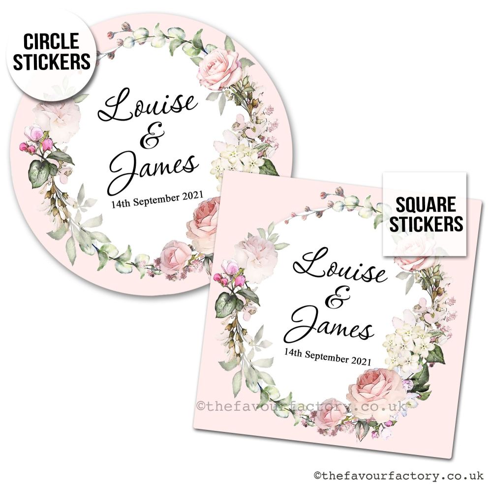 Personalised Wedding Stickers | Pink Vintage Floral Rose Wreath - A4 Sheet 
