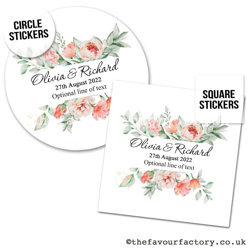 Personalised Wedding Stickers | Rose Gold & Peach Floral Banner - A4 Sheet 