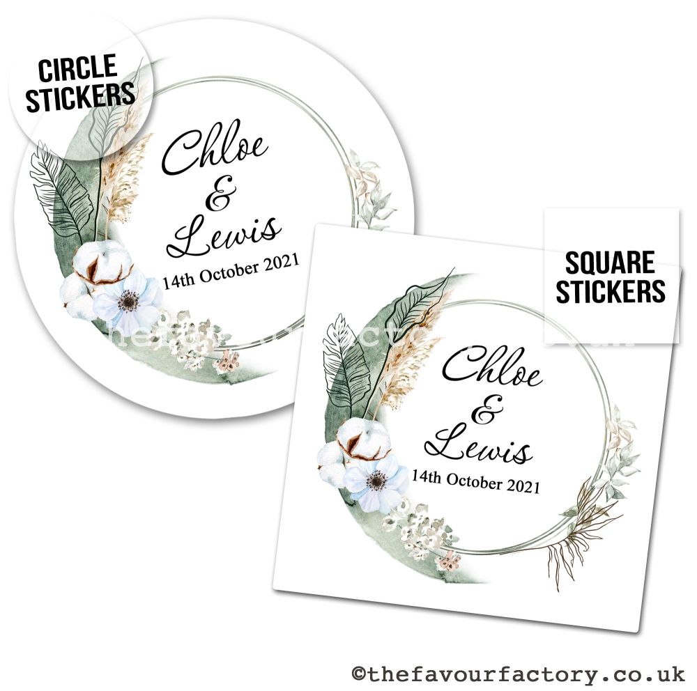 Personalised Wedding Stickers | Sage Boho Pampas Grass Leaves - A4 Sheet x1