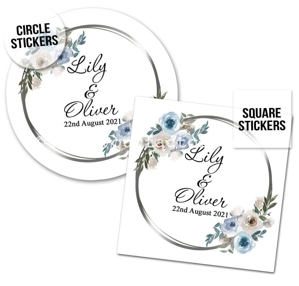 Personalised Wedding Stickers | Vintage Blue Floral Silver Frame - A4 Sheet