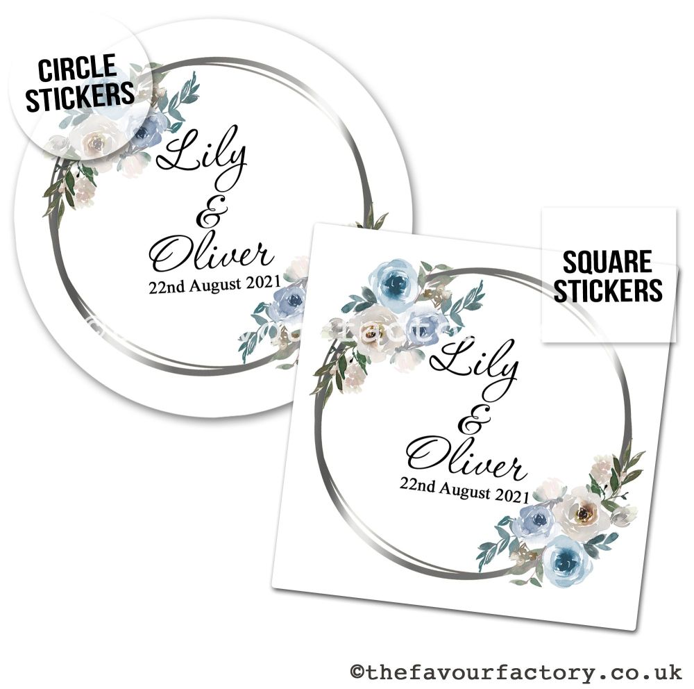 Personalised Wedding Stickers | Vintage Blue Floral Silver Frame - A4 Sheet