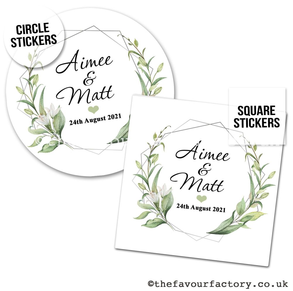 Personalised Wedding Stickers | White Lily Geometric Frame - A4 Sheet x1