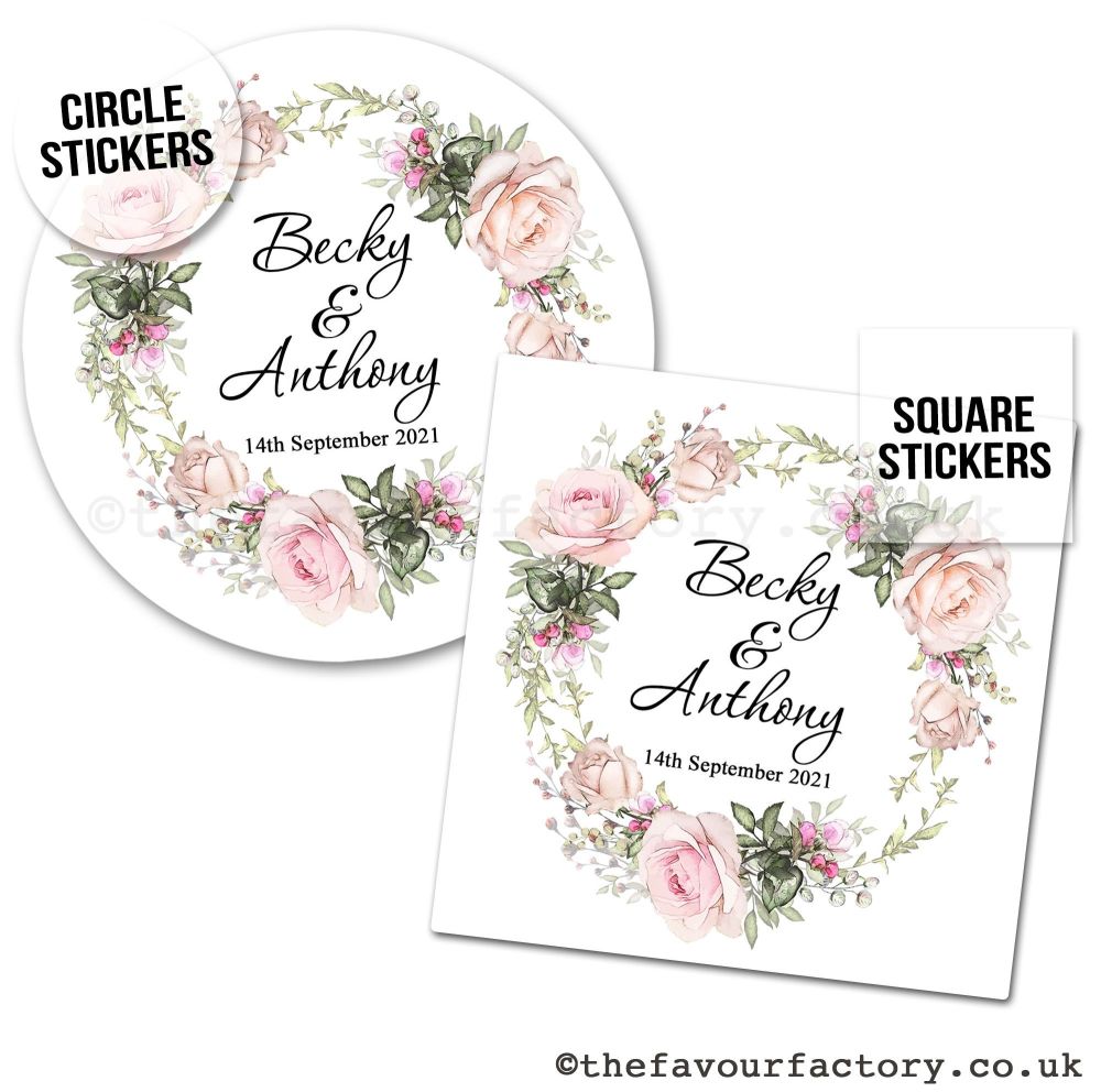 Personalised Stickers Wedding Vintage Floral Rose Wreath