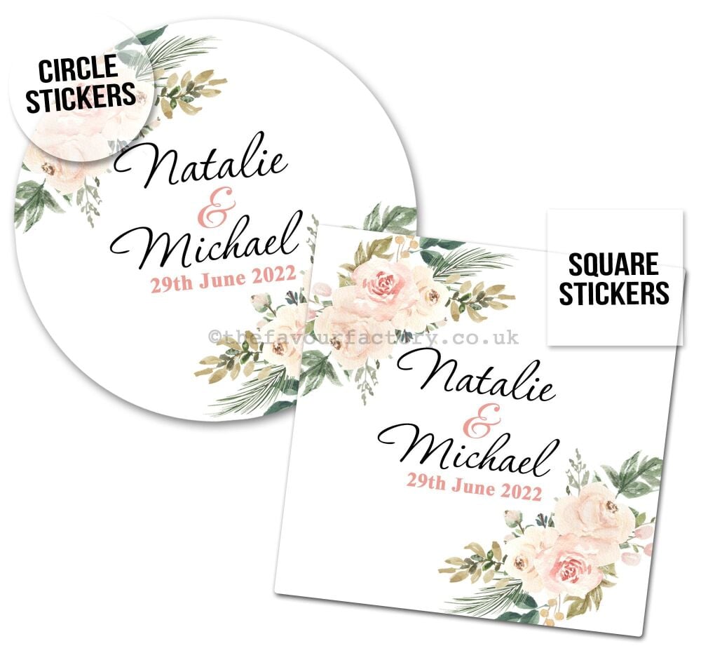 Blush & Ivory Floral Bouquets Personalised Wedding Stickers 