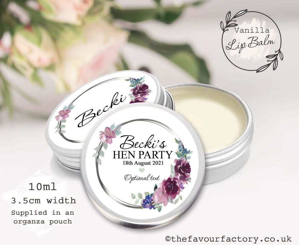 Hen Party Lip Balm Favours | Mauve & Plum Watercolour Floral x1