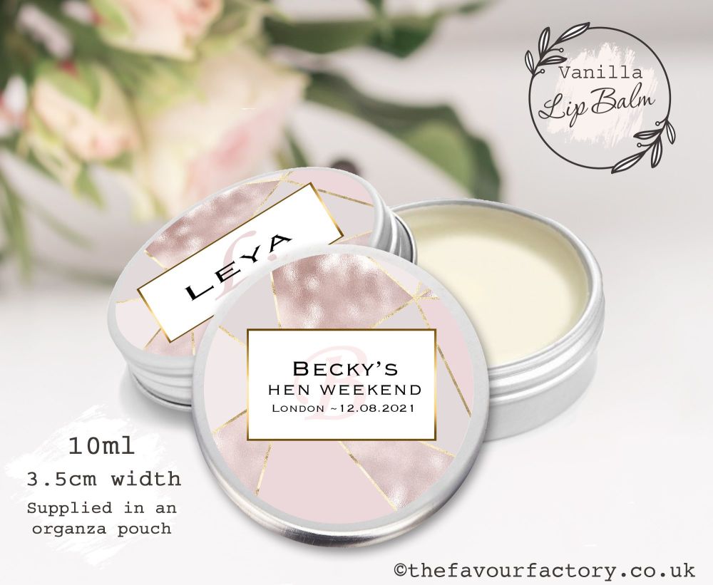 Personalised Hen Party Lip Balm Favours | Geometric Rose Gold Monogram x1