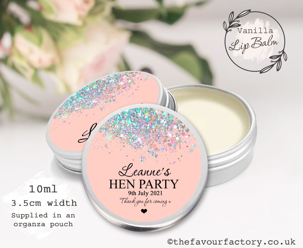 Personalised Hen Party Lip Balm Favours | Rose Gold Iridescent Glitter Conf