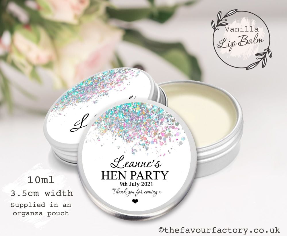 Personalised Hen Party Lip Balm Favours | White Iridescent Glitter Confetti