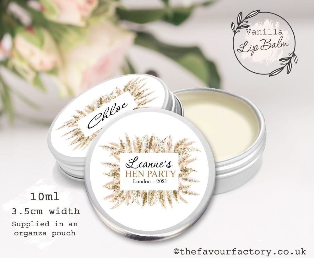 Personalised Hen Party Lip Balm Favours | Natural Pampas Border x1