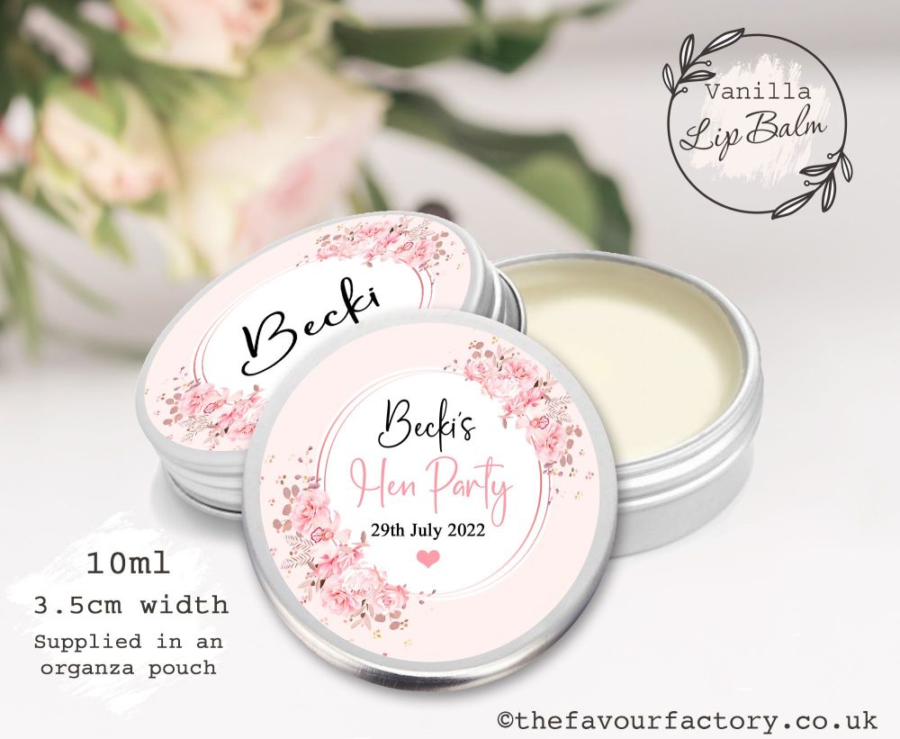 Personalised Hen Party Lip Balm Favours | Pink & Rose Gold Floral Frame x1