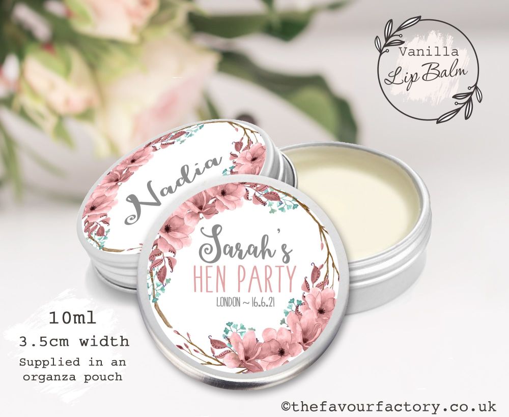 Personalised Hen Party Lip Balm Favours | Boho Floral Wreath x1