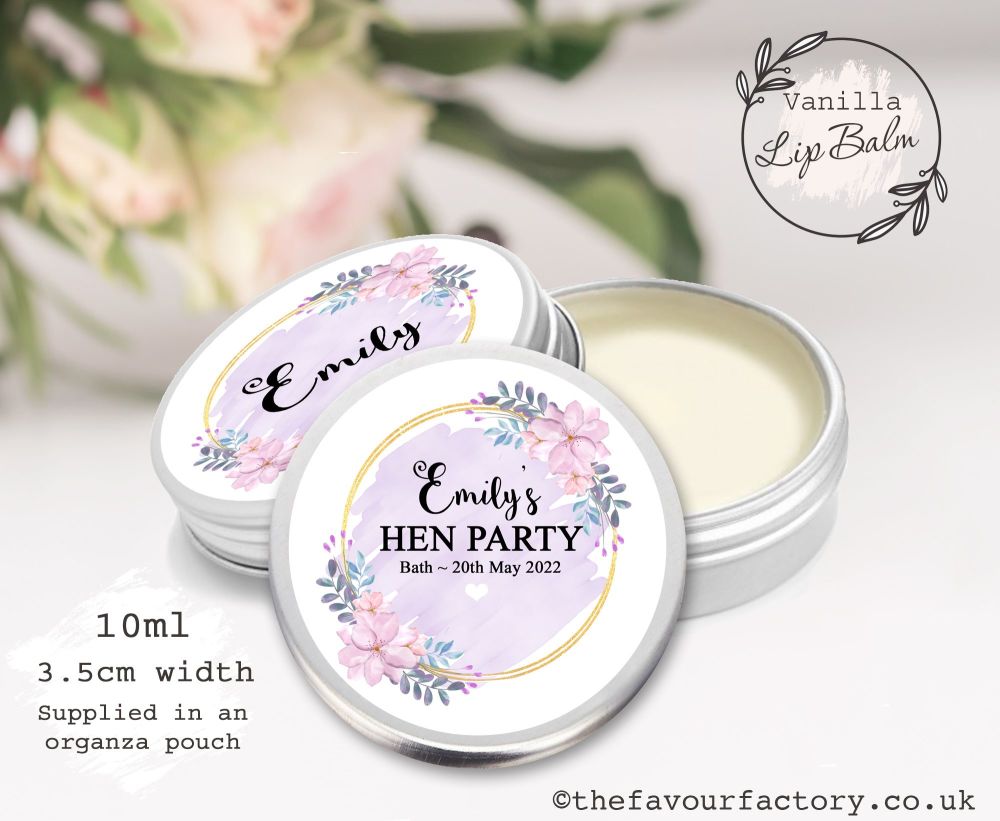 Personalised Hen Party Lip Balm Favours | Lilac Floral Gold Frame x1