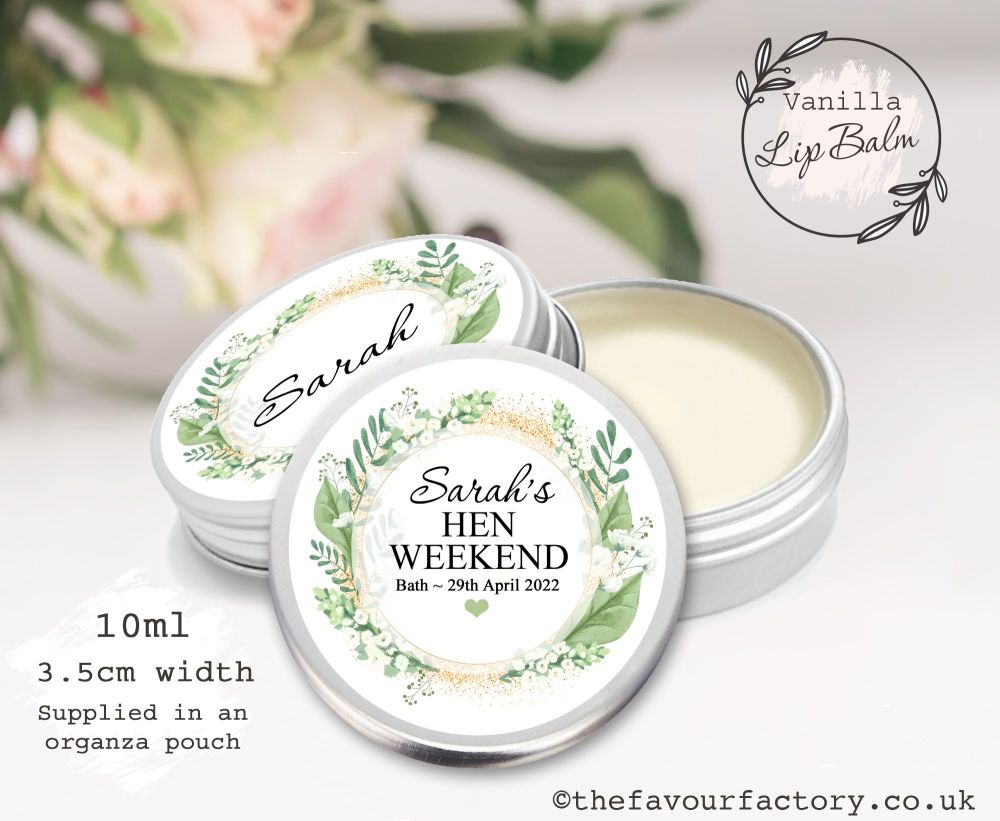 Personalised Hen Party Lip Balm Favours | White Floral Botanical Gold Dust 