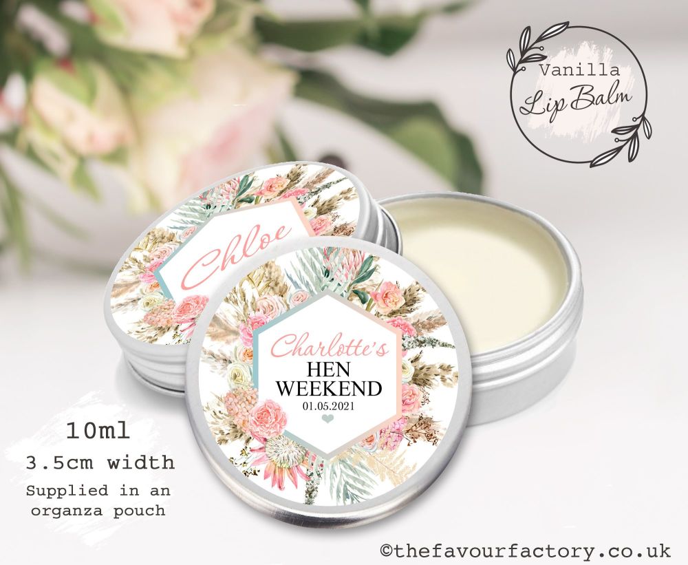 Personalised Hen Party Lip Balm Favours | Boho Floral Pampas Frame x1