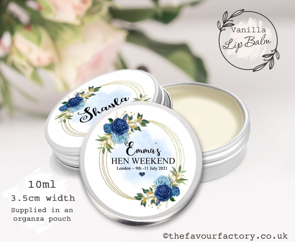 Personalised Hen Party Lip Balm Favours | Navy Floral Gold Frame x1