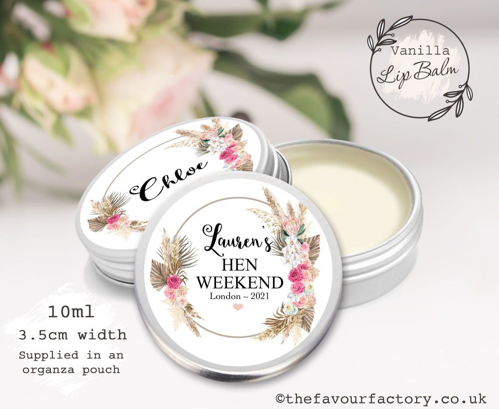Personalised Hen Party Lip Balm Favours | Pampas Floral Frame x1