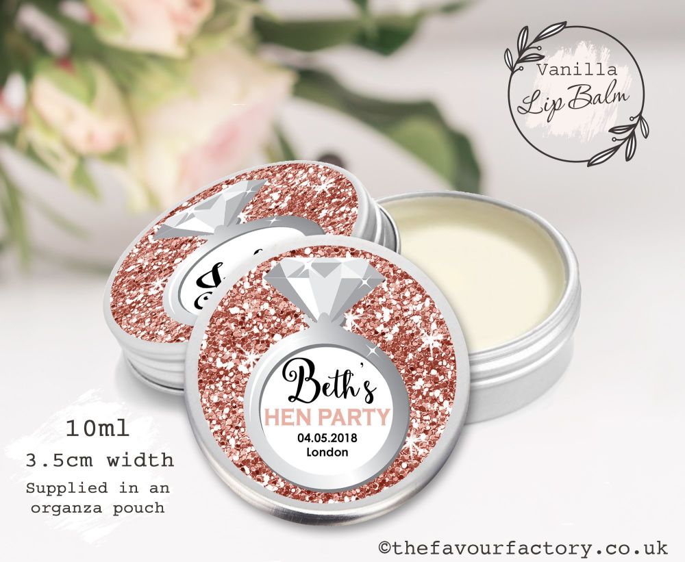 Personalised Hen Party Lip Balm Favours | Rose Gold Glitter Engagement Ring