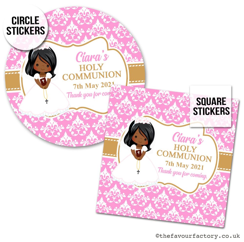 Personalised Communion Stickers Little Girl Afro Hair x1 A4 Sheet