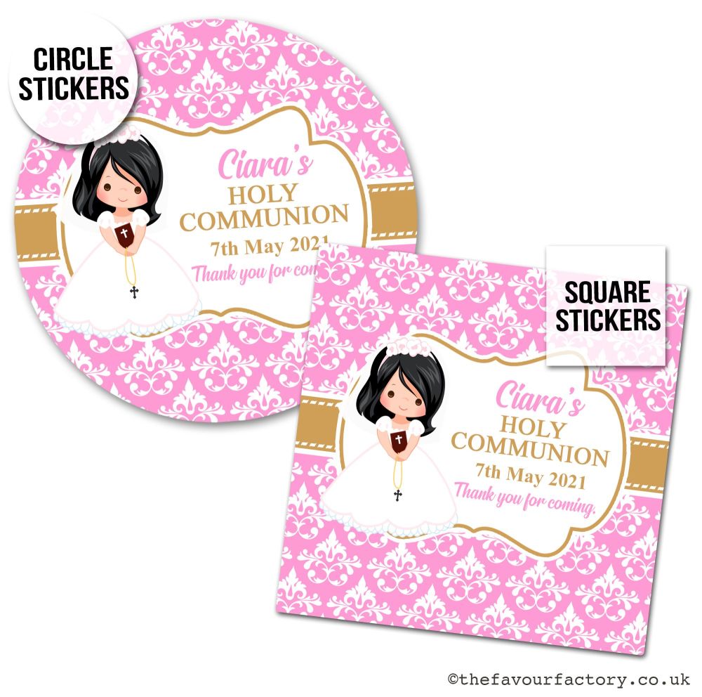 Personalised Communion Stickers Little Girl Black Hair x1 A4 Sheet