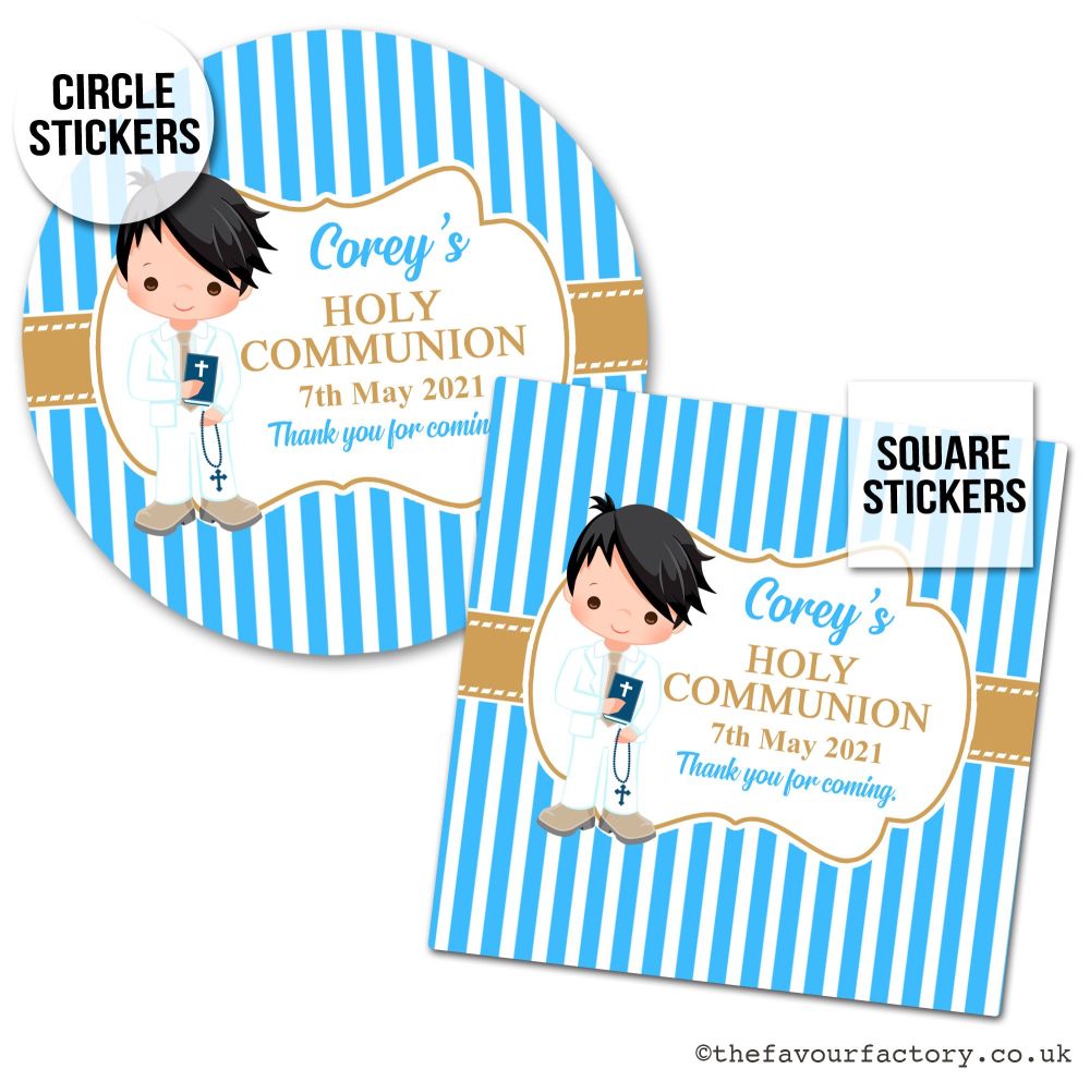 Personalised Communion Stickers Little Boy Black Hair x1 A4 Sheet