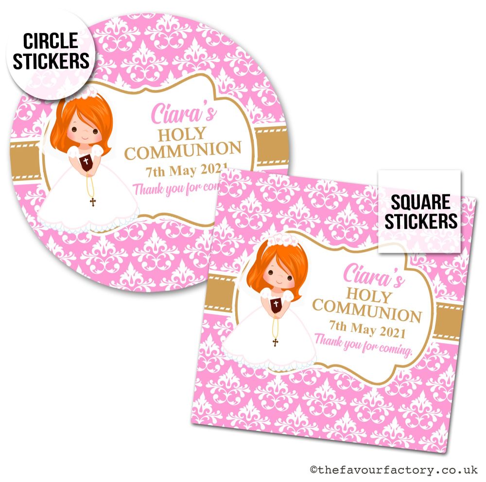 Personalised Communion Stickers Little Girl Ginger Hair x1 A4 Sheet