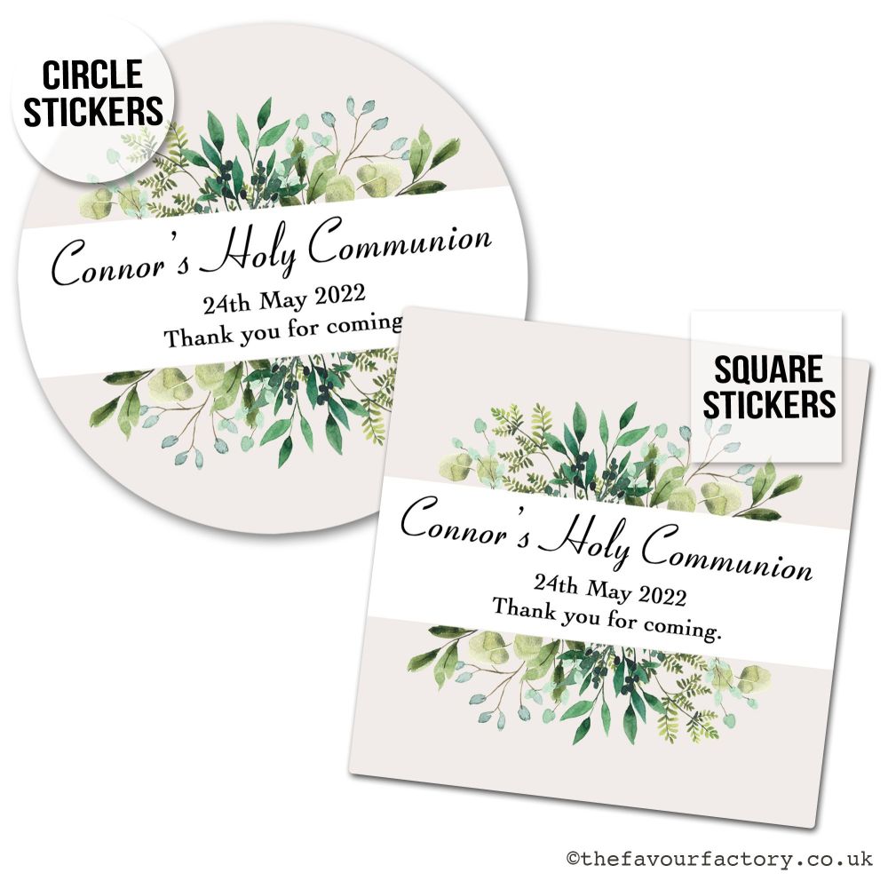 Personalised Communion Stickers Botanical Leaves x1 A4 Sheet