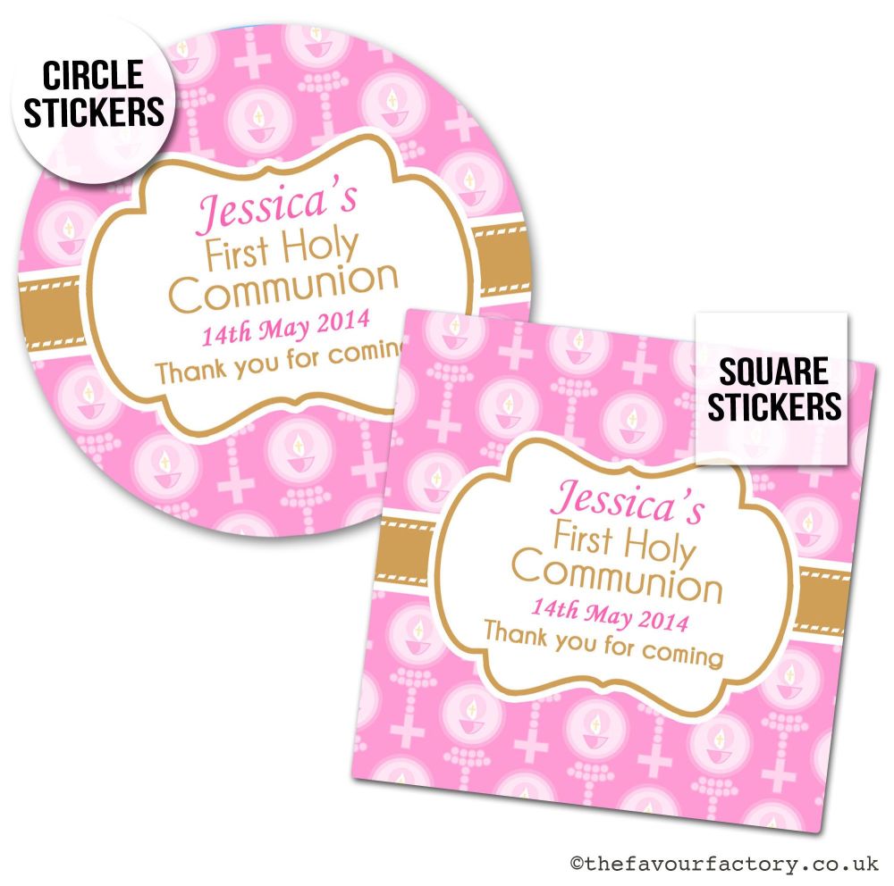 Personalised Communion Stickers Pink Beads And Candles x1 A4 Sheet