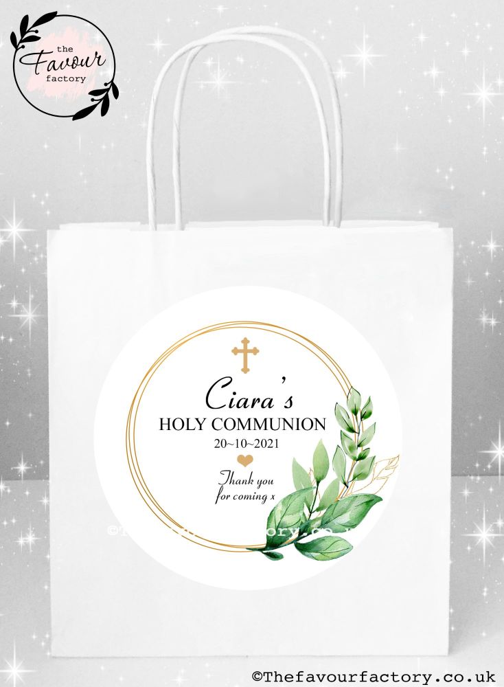Holy Communion Party Bags Gold Frame Botanical Leaves x1