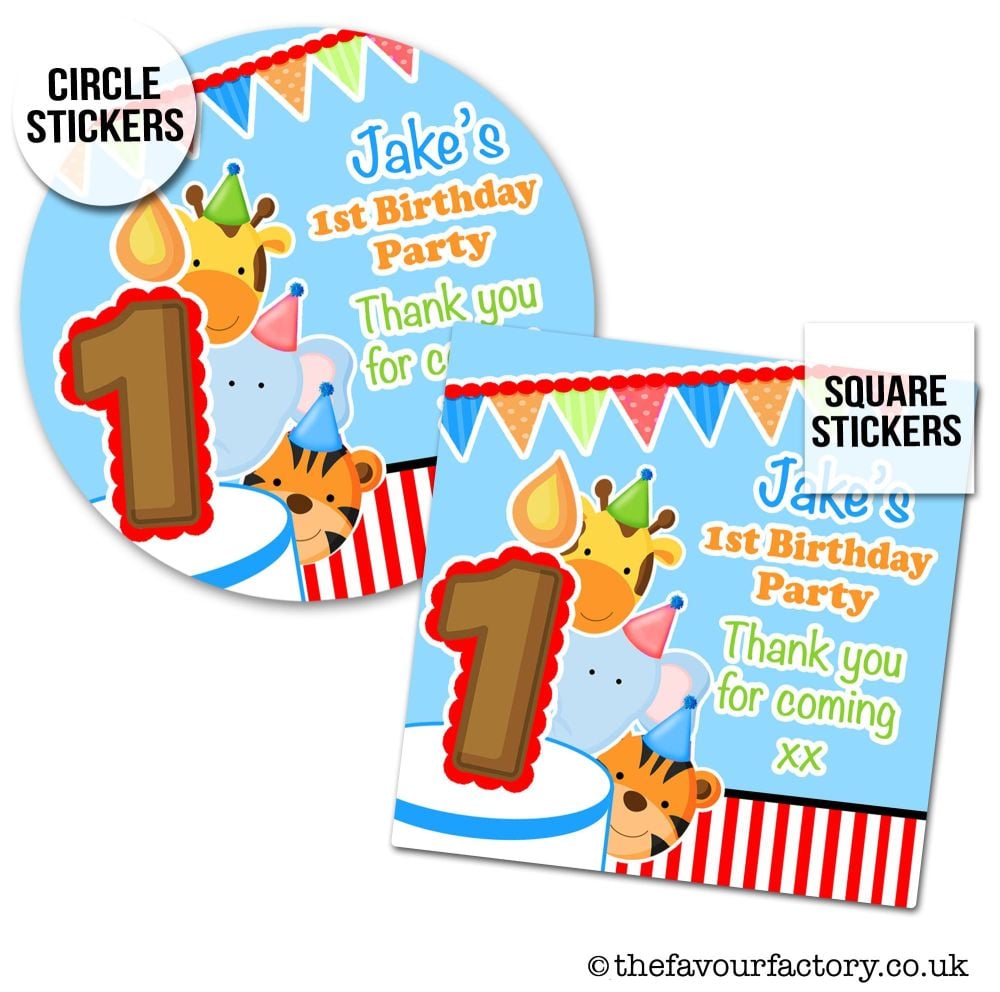 Birthday Stickers Boys Party Animals Theme x1 A4 Sheet