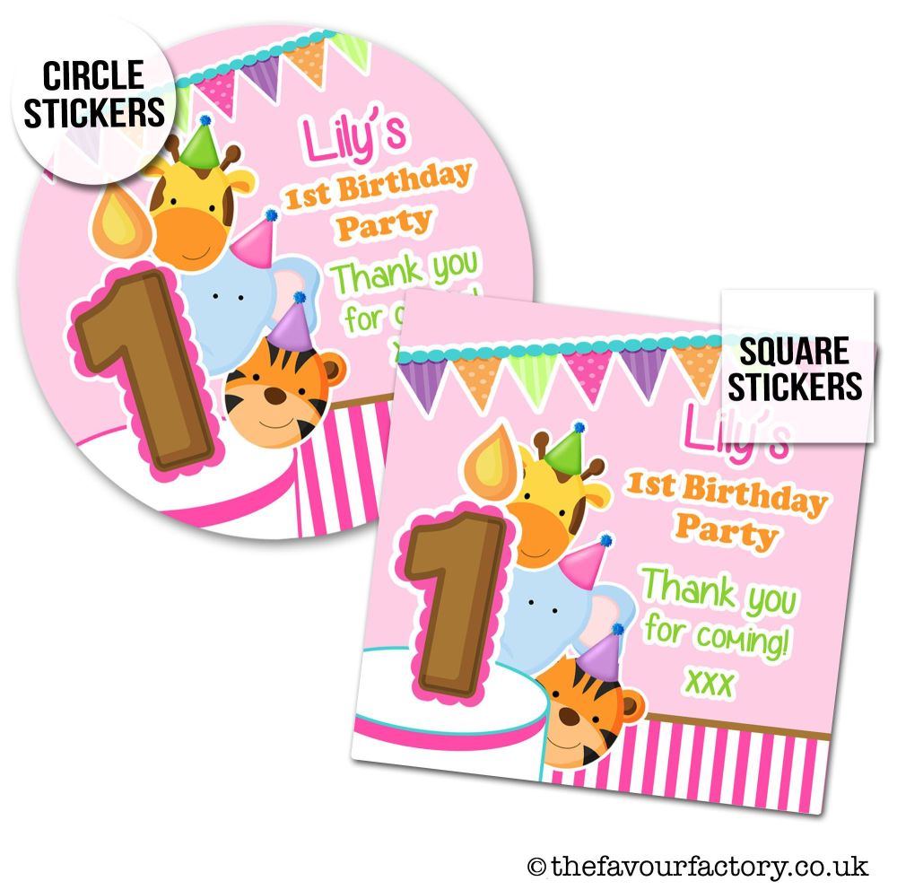 Party Animals Birthday Stickers Girls Pink Theme x1 A4 Sheet