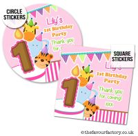 Party Animals Birthday Stickers Girls Pink Theme x1 A4 Sheet