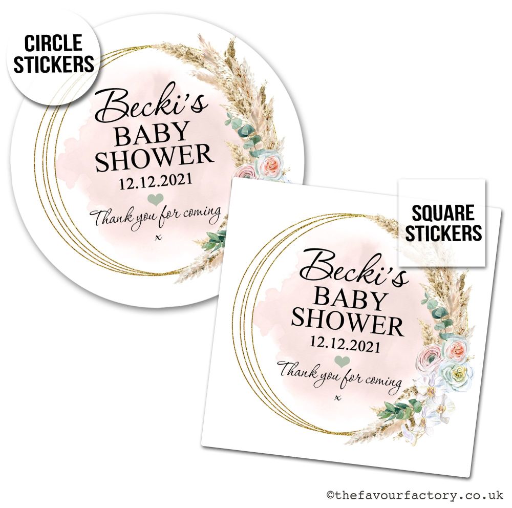 Personalised Stickers Baby Shower Rustic Boho Floral Frame x1