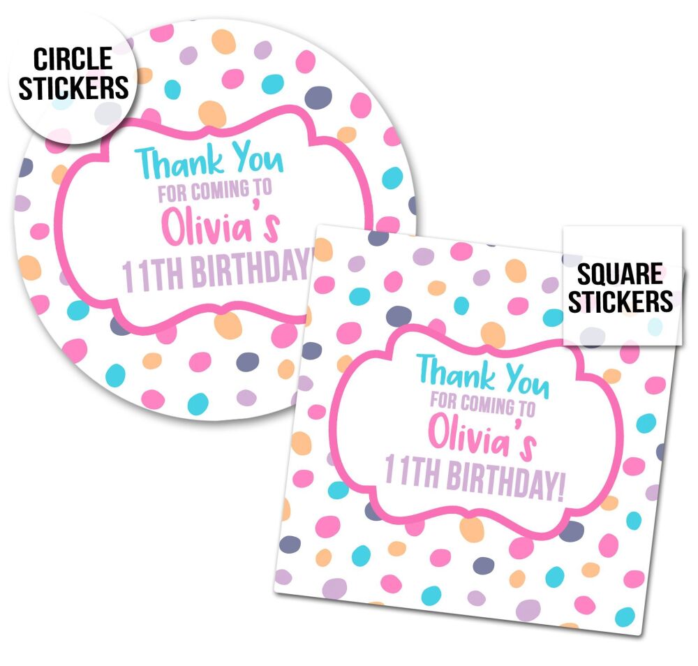 Birthday Party Stickers Pastel Pebble Polka Dots 1 x A4 Sheet