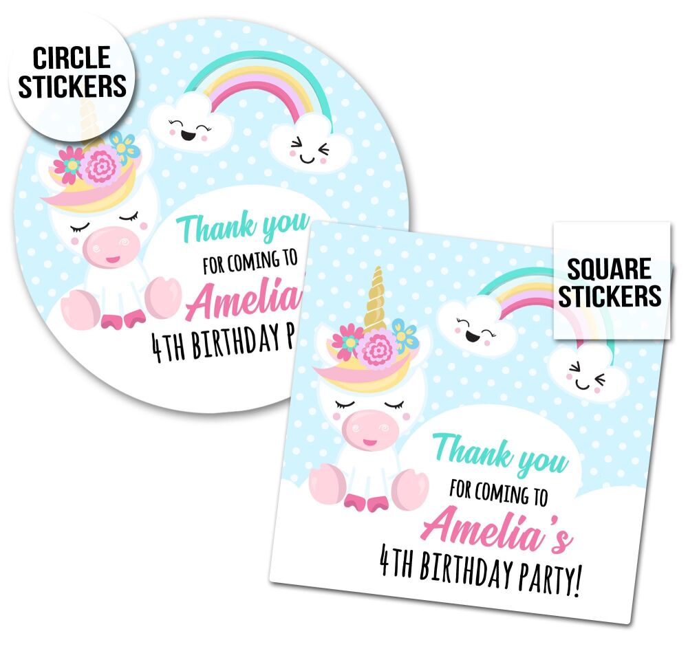 Personalised Birthday Party Stickers Unicorn Rainbow