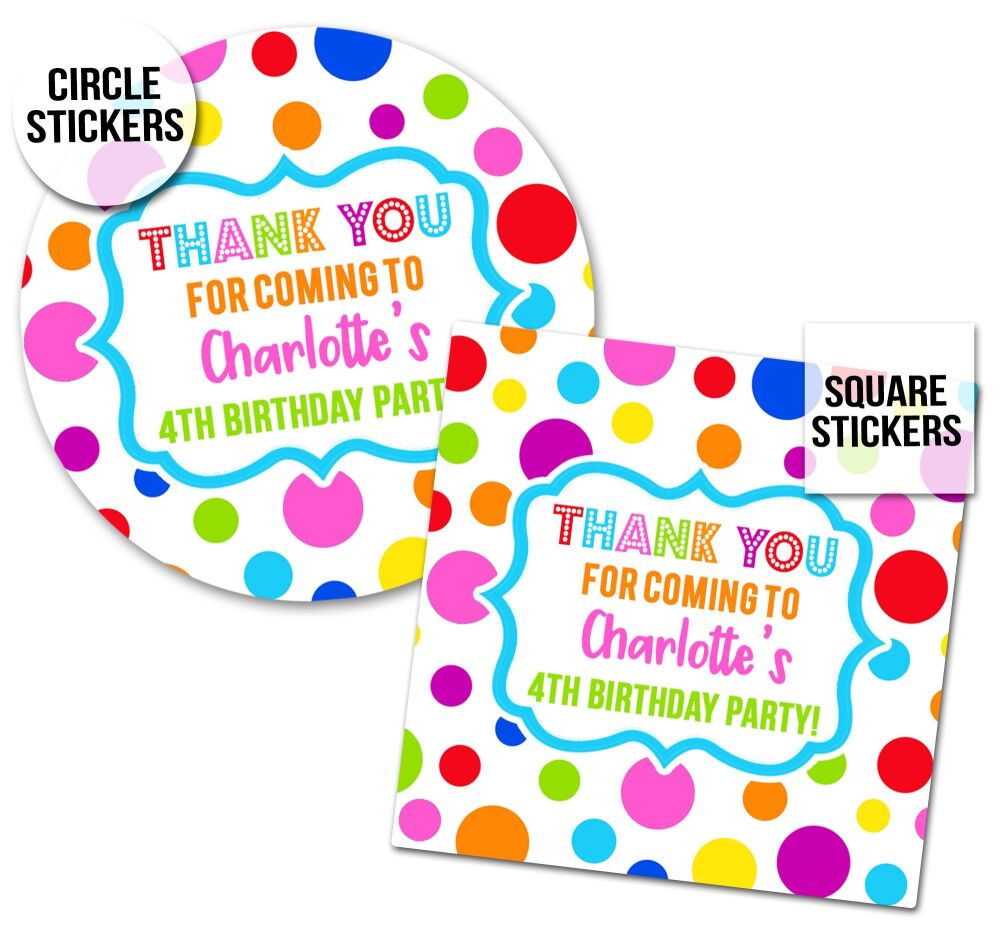 Rainbow Polka Dots Birthday Party Stickers  x1 A4 Sheet