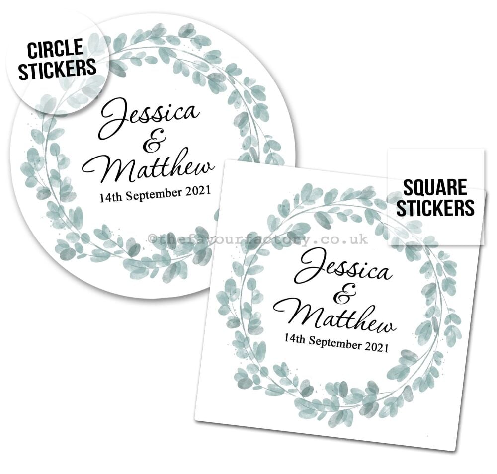 Eucalyptus Leaves Wreath Personalised Wedding Stickers