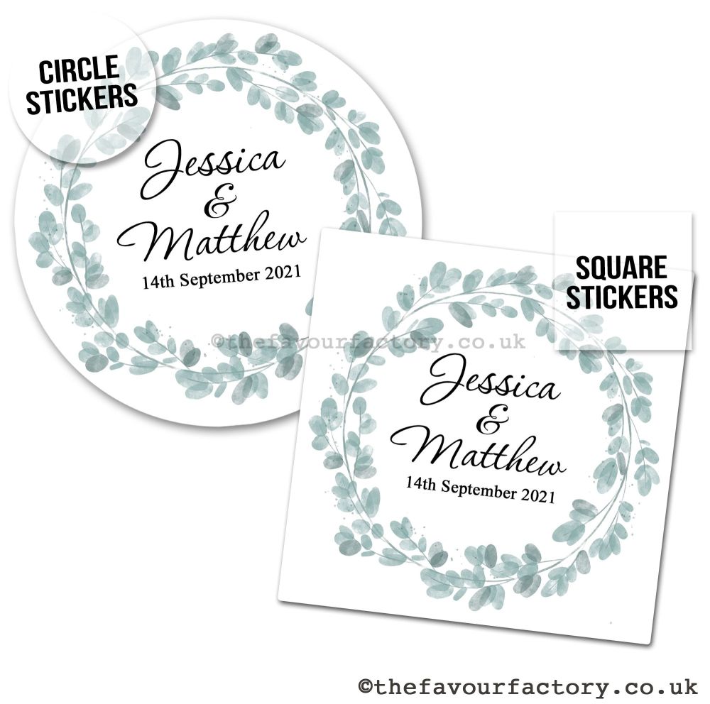 Personalised Wedding Stickers | Eucalyptus Plant Wreath - A4 Sheet x1