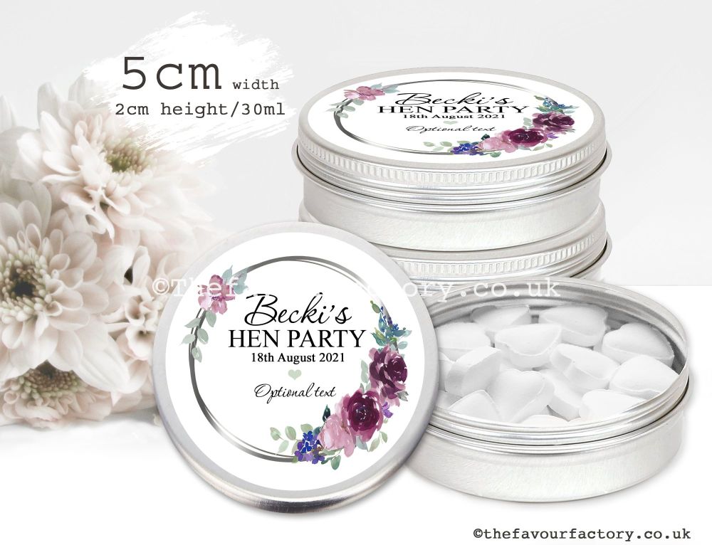 Personalised Hen Party Favour Tins | Mauve & Plum Watercolour Floral x1
