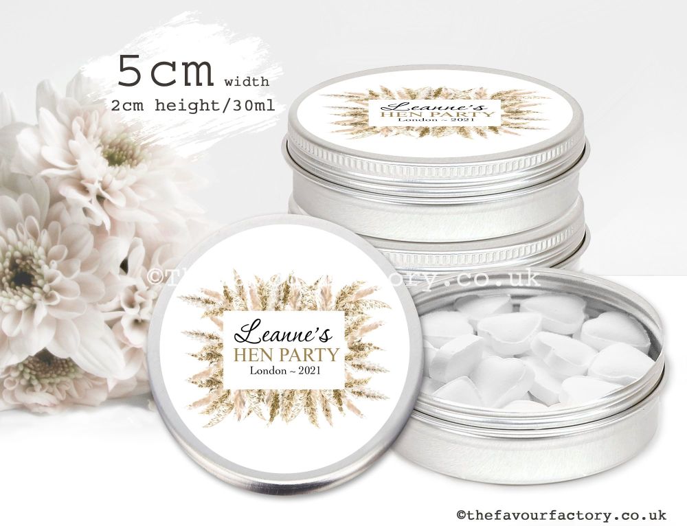 Personalised Hen Party Favour Tins | Natural Pampas Border x1
