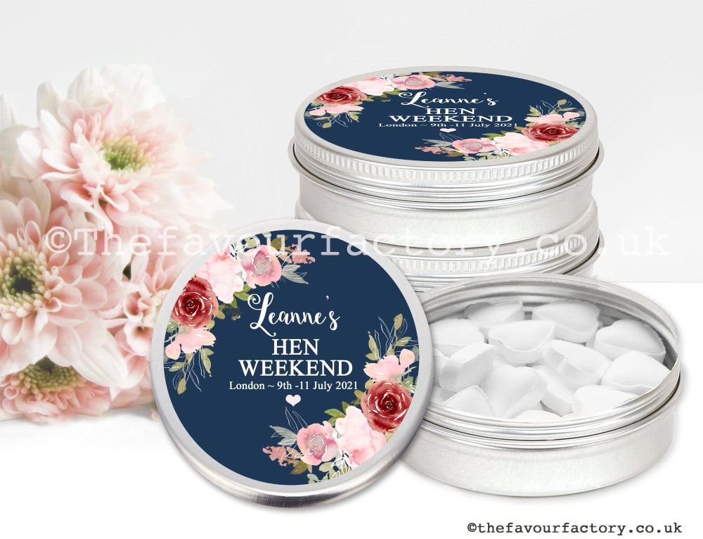 Personalised Hen Party Favour Tins | Navy, Blush & Burgundy Florals x1