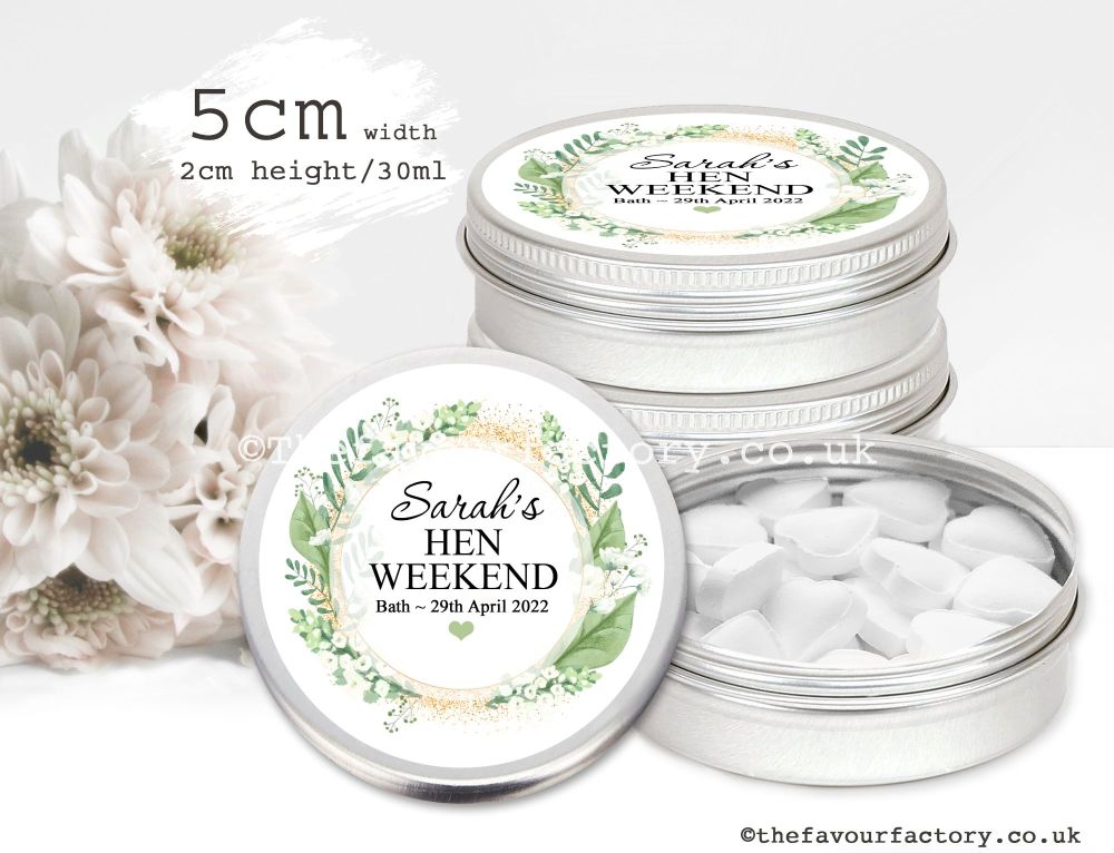 Personalised Hen Party Favour Tins | White Floral Botanical Gold Dust x1