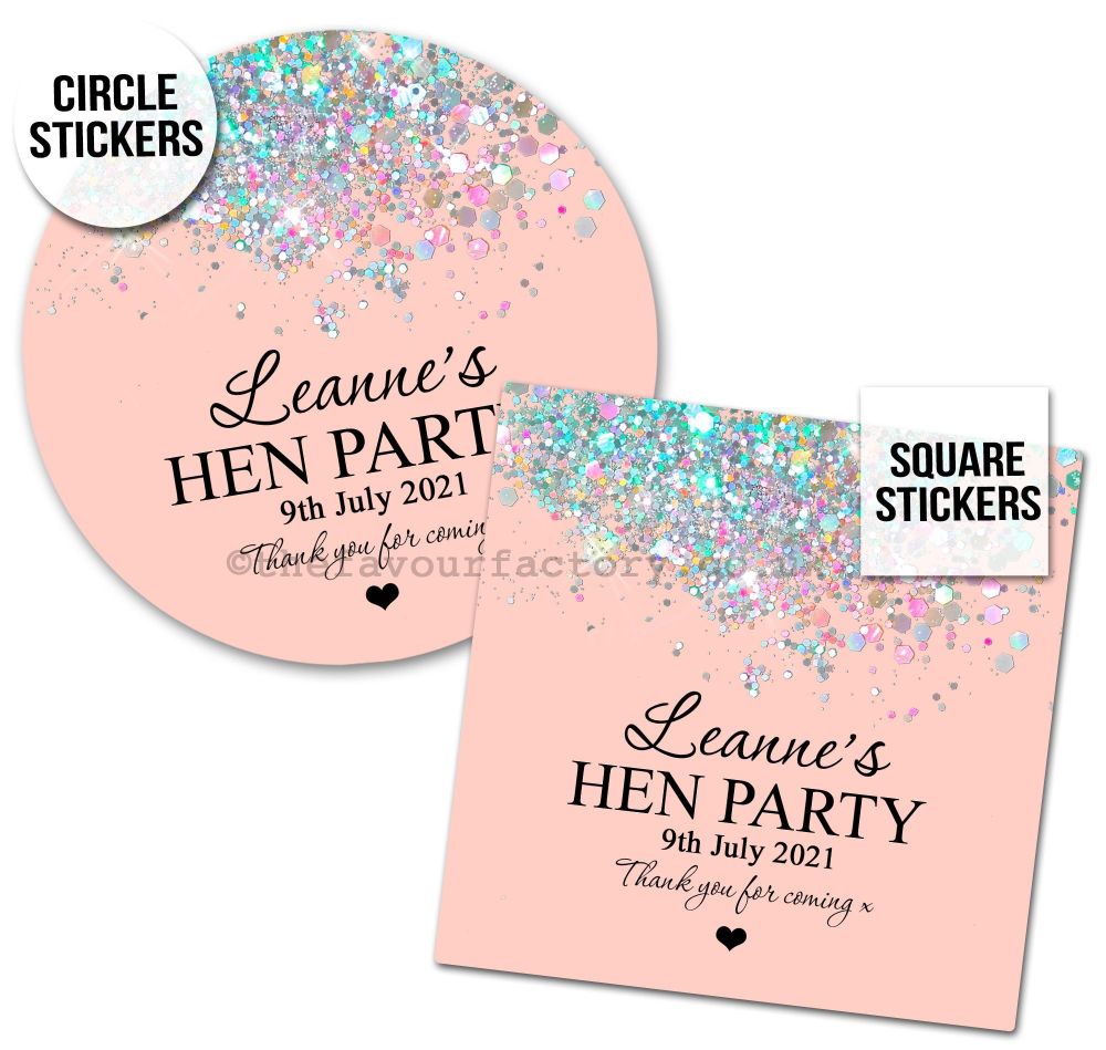Personalised Hen Party Stickers | Blush Iridescent Glitter Confetti x1